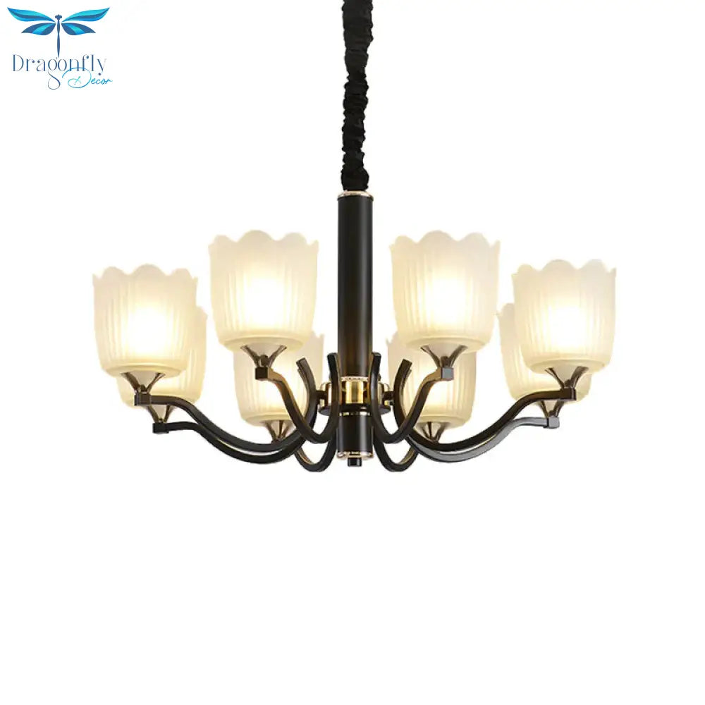 Scalloped Cup Shape Living Room Pendant Traditional Opal Ribbed Glass 3/6/8 - Bulb Black Ceiling