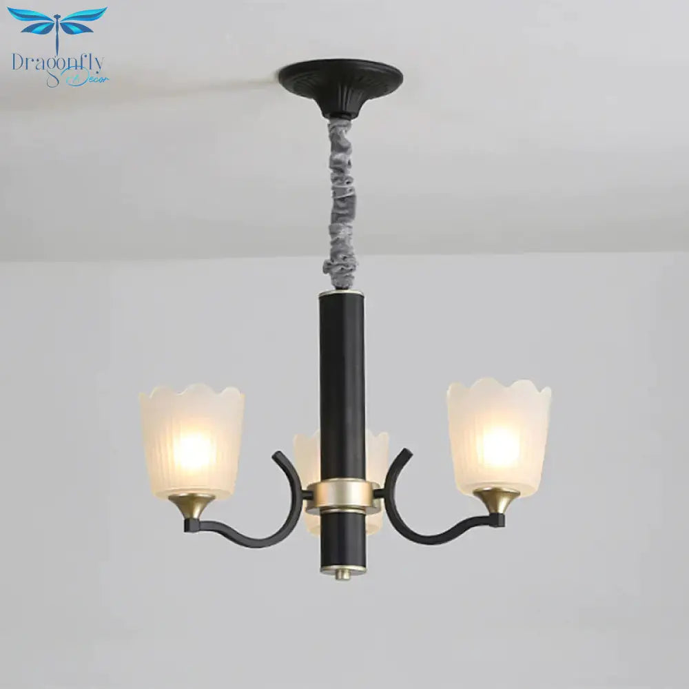Scalloped Cup Shape Living Room Pendant Traditional Opal Ribbed Glass 3/6/8 - Bulb Black Ceiling