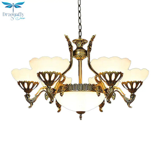 Scalloped Living Room Ceiling Pendant Traditional White Glass 9 - Head Brass Finish Chandelier