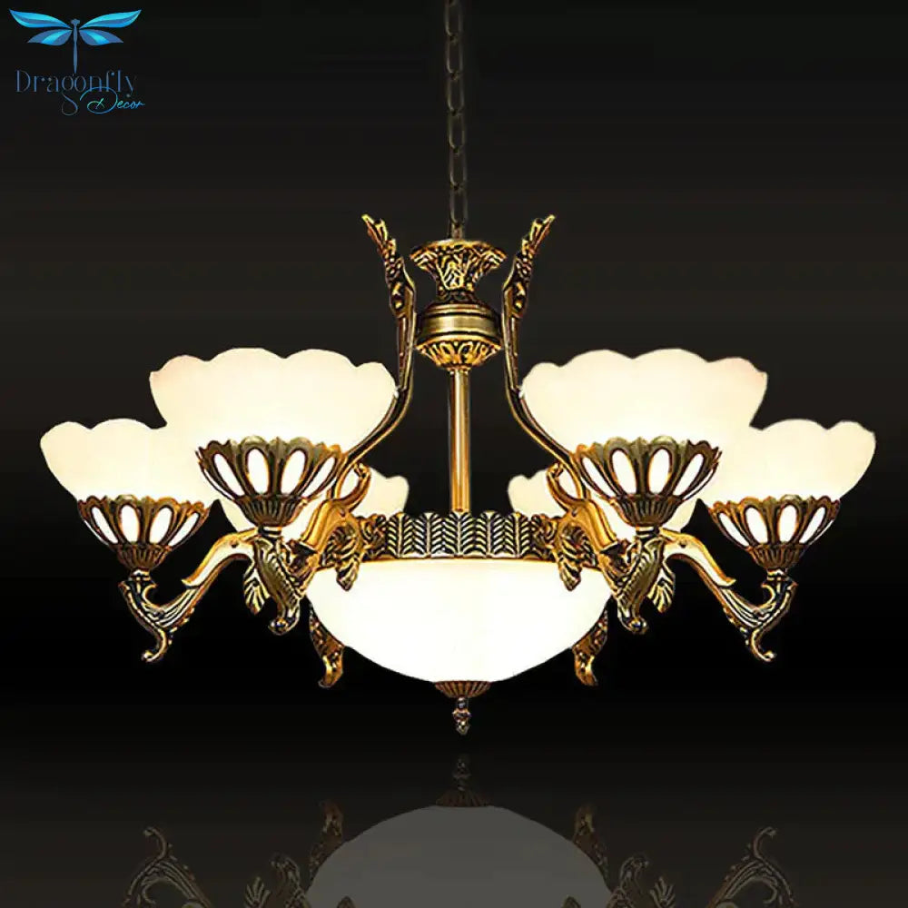 Scalloped Living Room Ceiling Pendant Traditional White Glass 9 - Head Brass Finish Chandelier