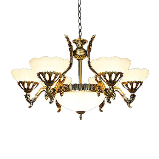 Scalloped Living Room Ceiling Pendant Traditional White Glass 9 - Head Brass Finish Chandelier