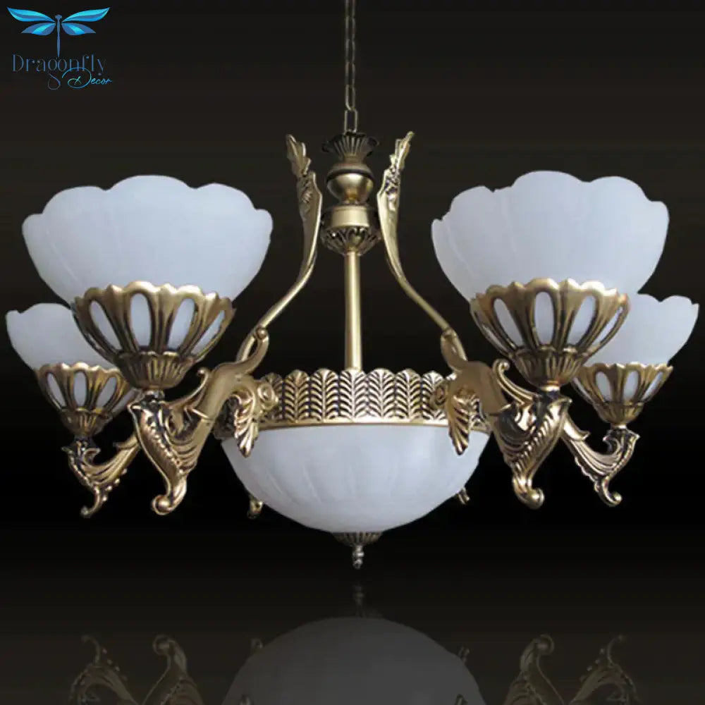 Scalloped Living Room Ceiling Pendant Traditional White Glass 9 - Head Brass Finish Chandelier