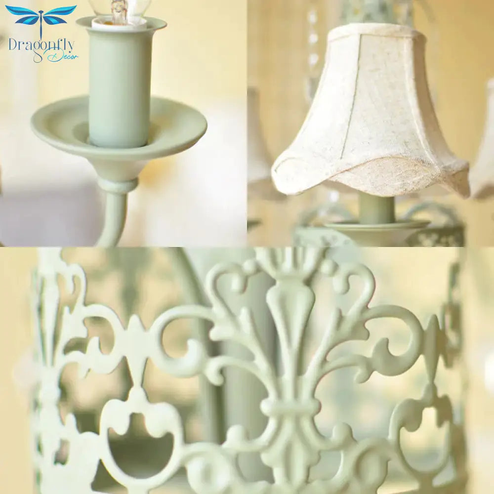 Scalloped Living Room Hanging Light Traditional Fabric 6/8 Lights Green Pendant Fixture