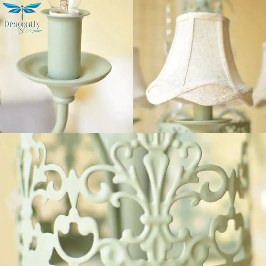 Scalloped Living Room Hanging Light Traditional Fabric 6/8 Lights Green Pendant Fixture