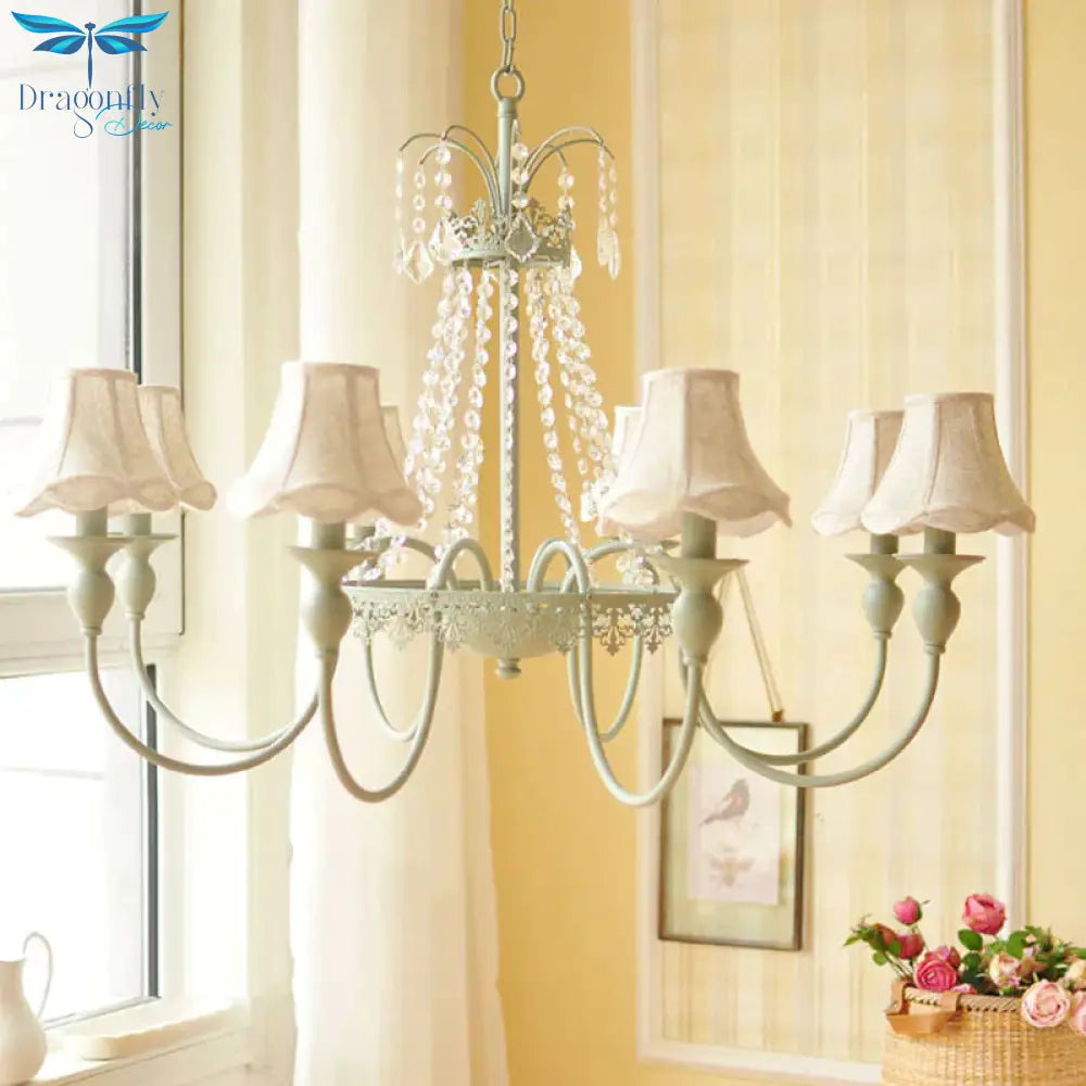 Scalloped Living Room Hanging Light Traditional Fabric 6/8 Lights Green Pendant Fixture
