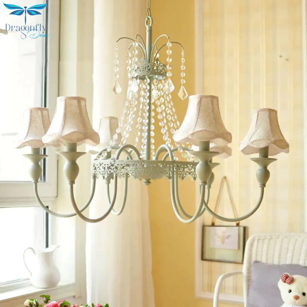 Scalloped Living Room Hanging Light Traditional Fabric 6/8 Lights Green Pendant Fixture