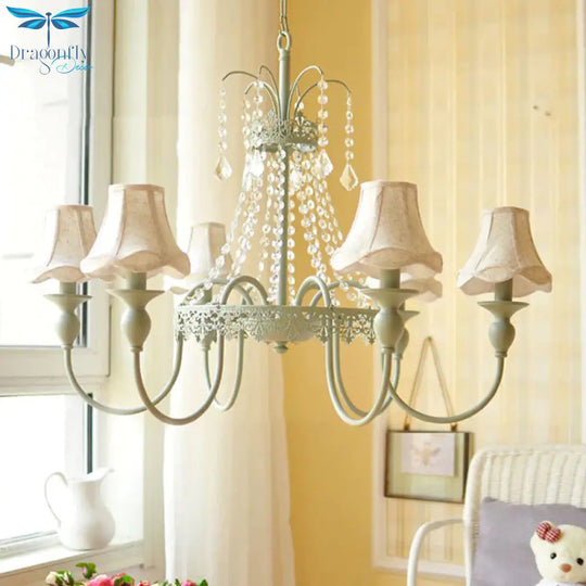 Scalloped Living Room Hanging Light Traditional Fabric 6/8 Lights Green Pendant Fixture