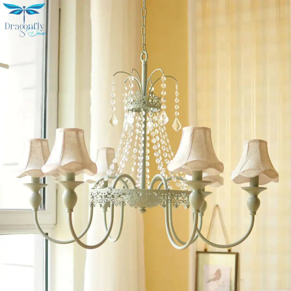 Scalloped Living Room Hanging Light Traditional Fabric 6/8 Lights Green Pendant Fixture