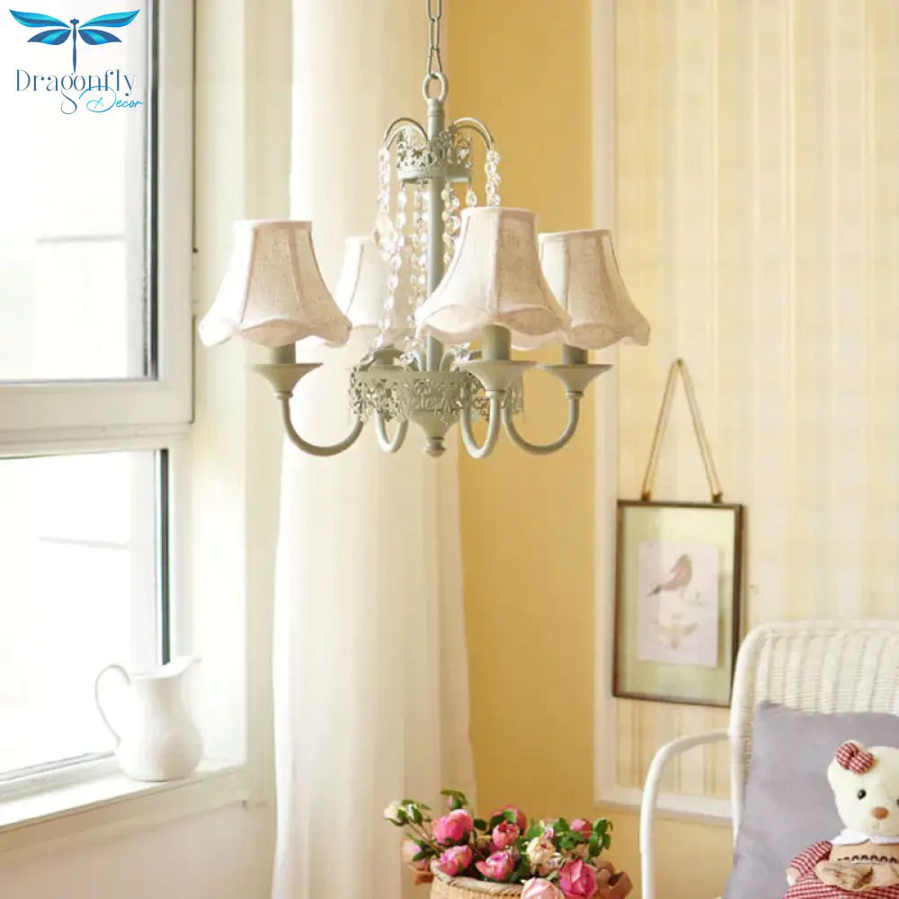 Scalloped Living Room Hanging Light Traditional Fabric 6/8 Lights Green Pendant Fixture