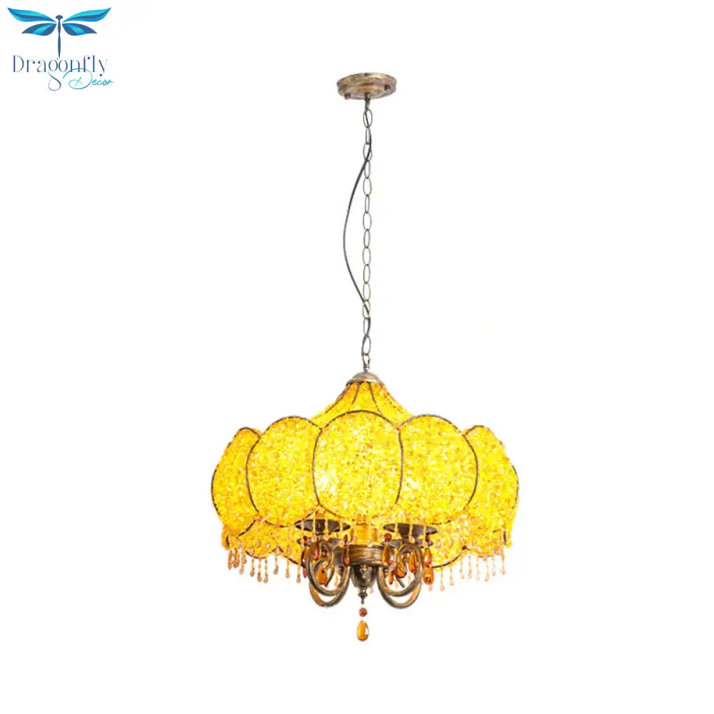Scalloped Restaurant Chandelier Lighting Bohemian Metal 4 Bulbs Pink/Yellow Pendant Light Fixture
