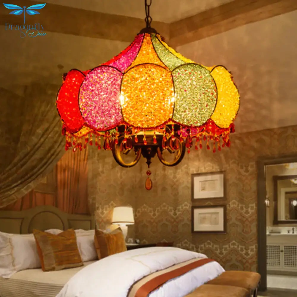 Scalloped Restaurant Chandelier Lighting Bohemian Metal 4 Bulbs Pink/Yellow Pendant Light Fixture