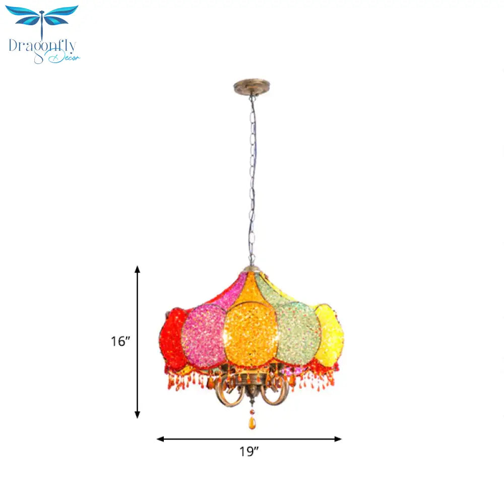 Scalloped Restaurant Chandelier Lighting Bohemian Metal 4 Bulbs Pink/Yellow Pendant Light Fixture