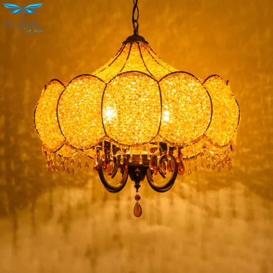 Scalloped Restaurant Chandelier Lighting Bohemian Metal 4 Bulbs Pink/Yellow Pendant Light Fixture
