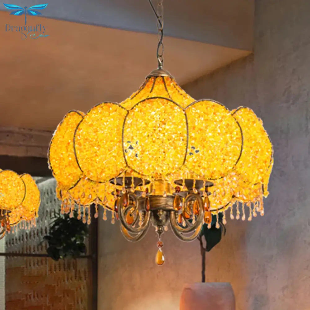Scalloped Restaurant Chandelier Lighting Bohemian Metal 4 Bulbs Pink/Yellow Pendant Light Fixture
