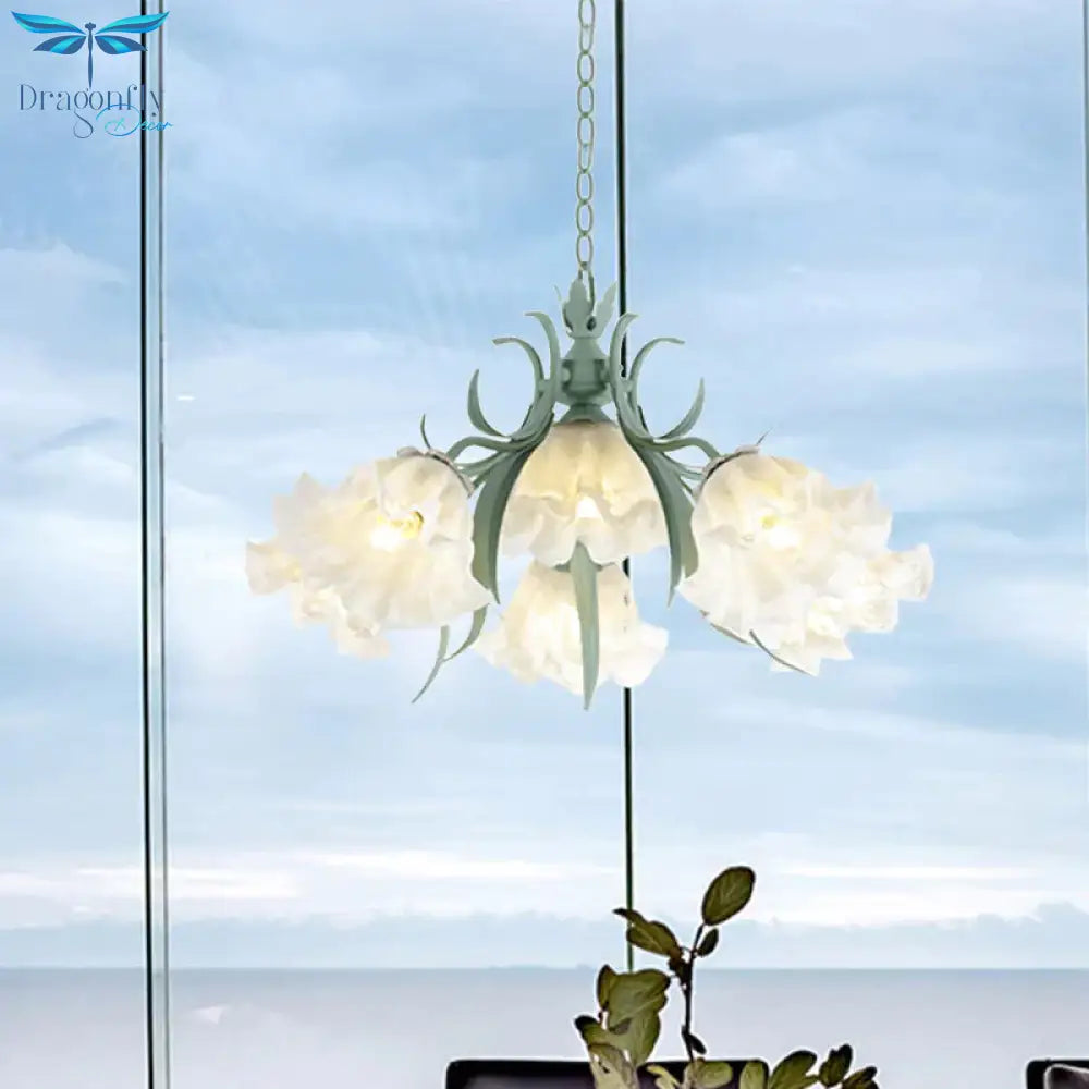 Scalloped Restaurant Hanging Chandelier Korean Garden Milky Glass 3/6/9 - Head Blue Suspension