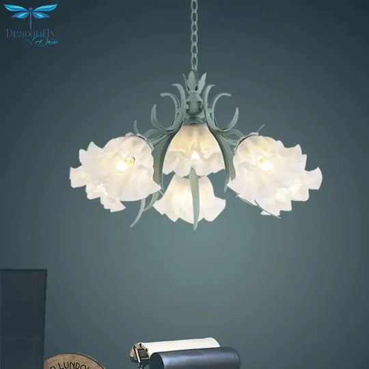 Scalloped Restaurant Hanging Chandelier Korean Garden Milky Glass 3/6/9 - Head Blue Suspension