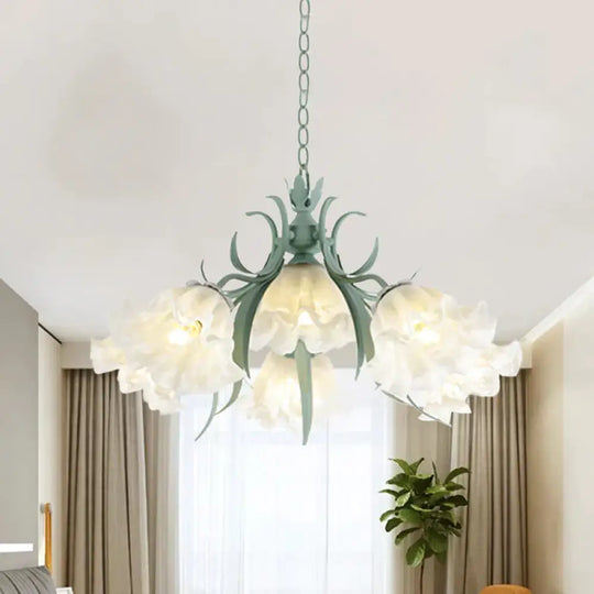 Scalloped Restaurant Hanging Chandelier Korean Garden Milky Glass 3/6/9 - Head Blue Suspension