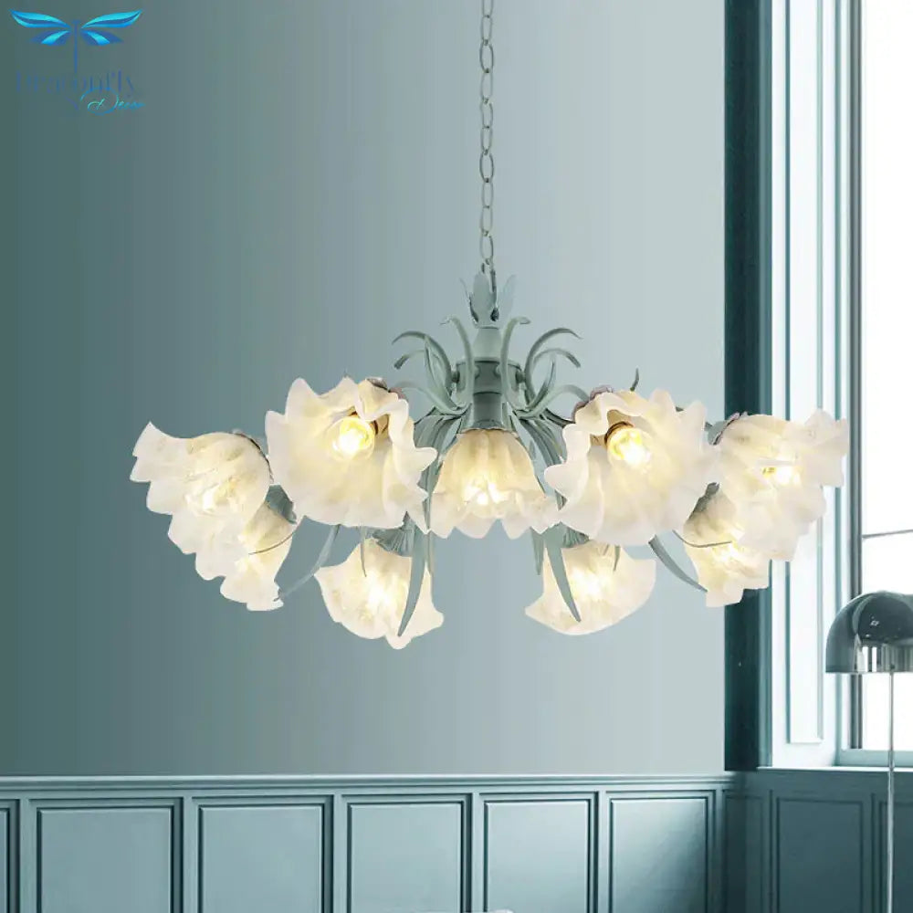 Scalloped Restaurant Hanging Chandelier Korean Garden Milky Glass 3/6/9 - Head Blue Suspension