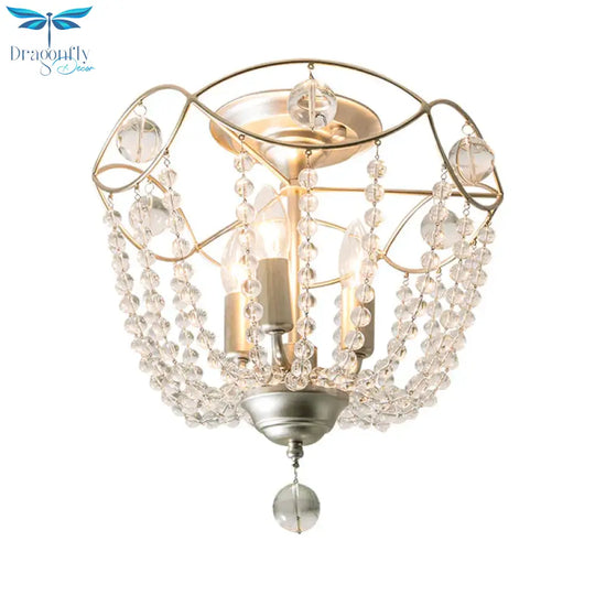 Silver 3 Lights Hanging Light Fixture Traditional Crystal Strand Dome Chandelier