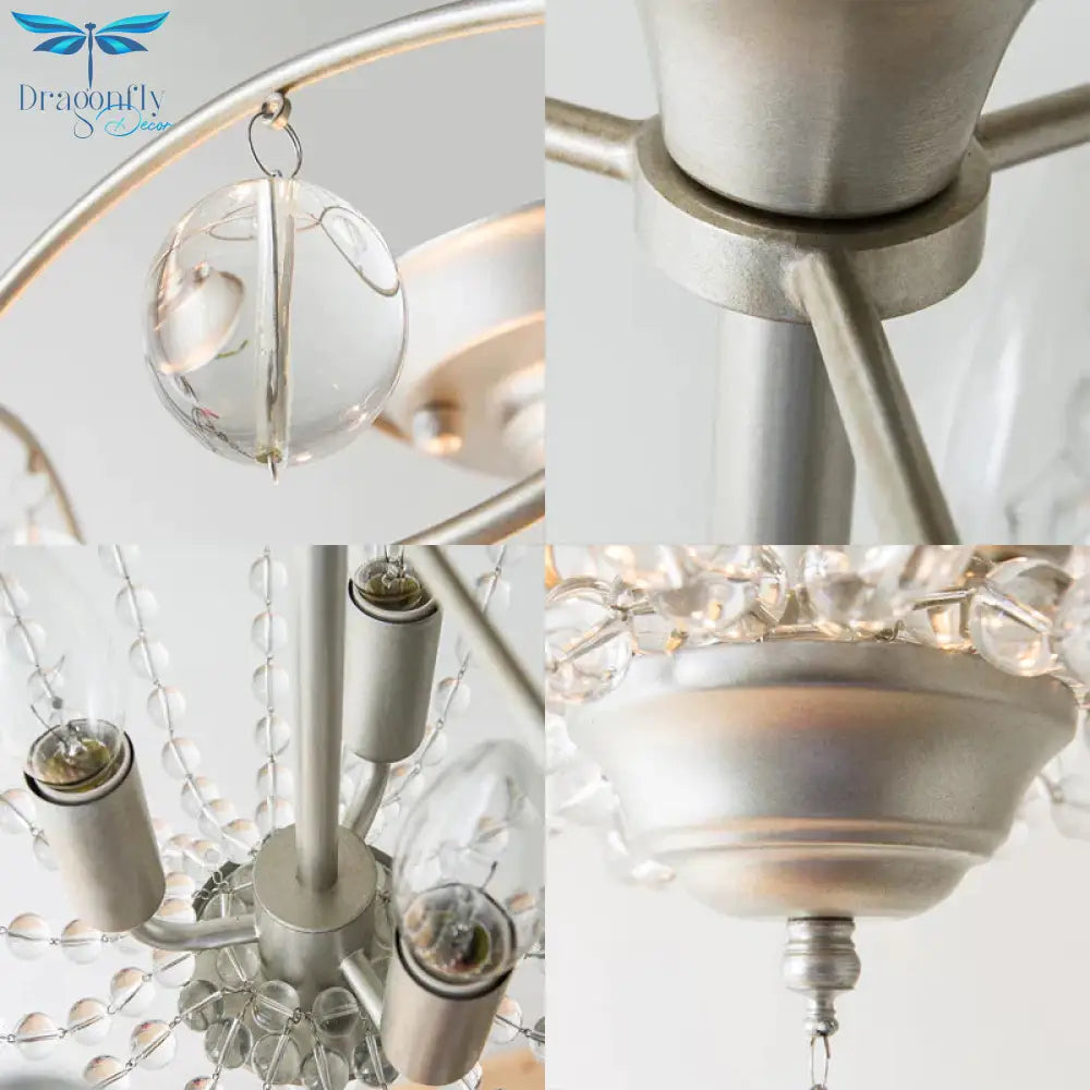 Silver 3 Lights Hanging Light Fixture Traditional Crystal Strand Dome Chandelier