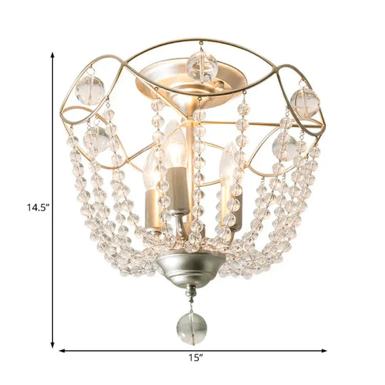 Silver 3 Lights Hanging Light Fixture Traditional Crystal Strand Dome Chandelier