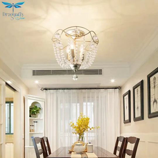 Silver 3 Lights Hanging Light Fixture Traditional Crystal Strand Dome Chandelier