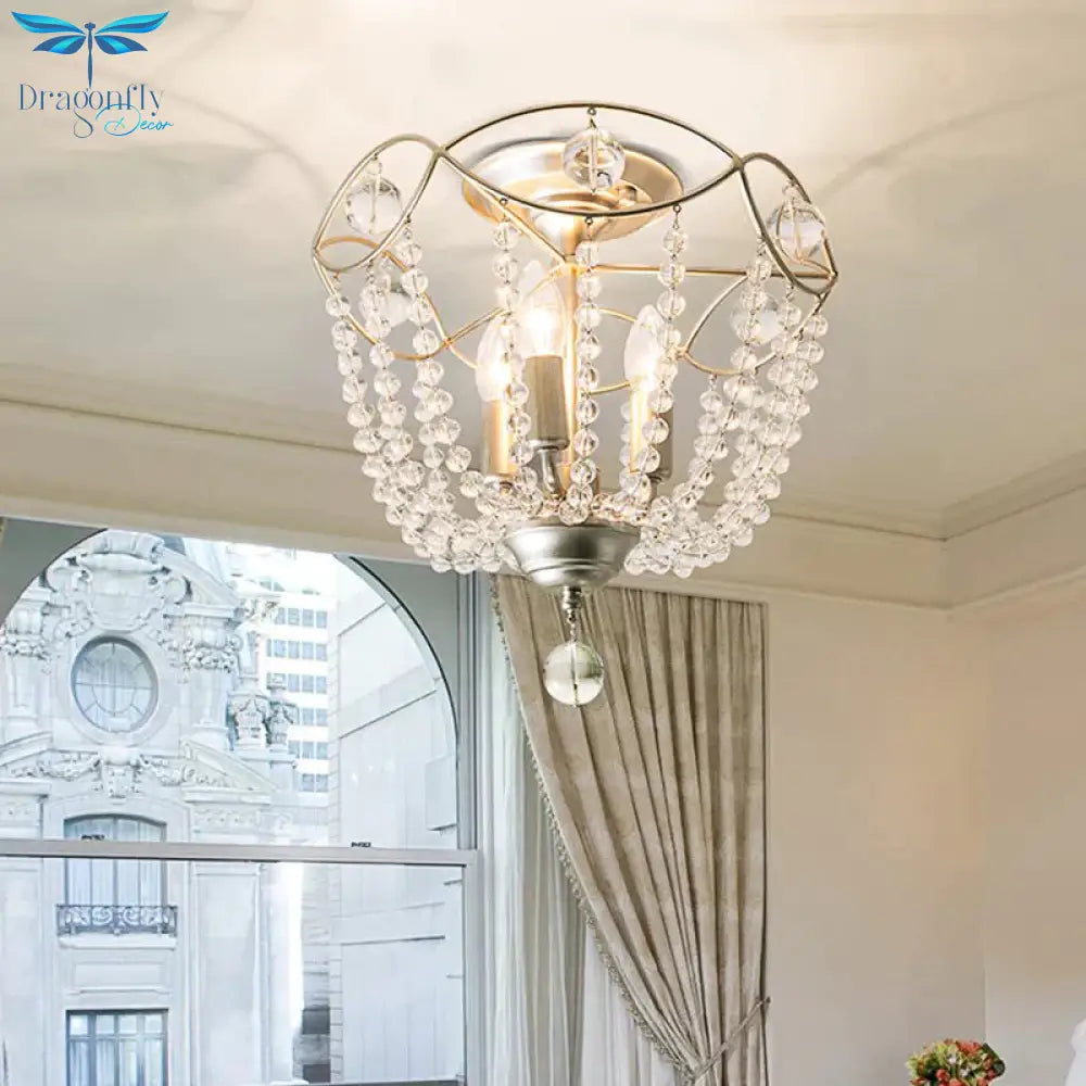 Silver 3 Lights Hanging Light Fixture Traditional Crystal Strand Dome Chandelier