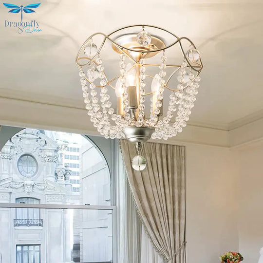Silver 3 Lights Hanging Light Fixture Traditional Crystal Strand Dome Chandelier