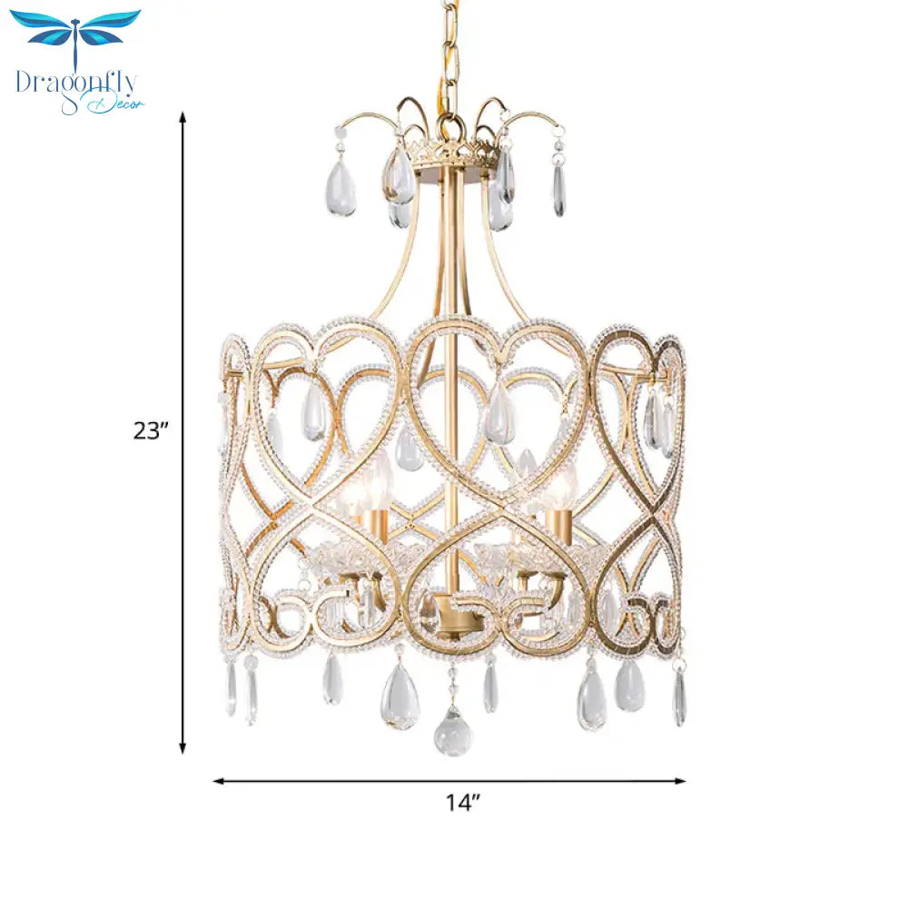 Silver 4 Lights Chandelier Antique Crystal Beaded Drum Hanging Lamp With Swirl Pattern