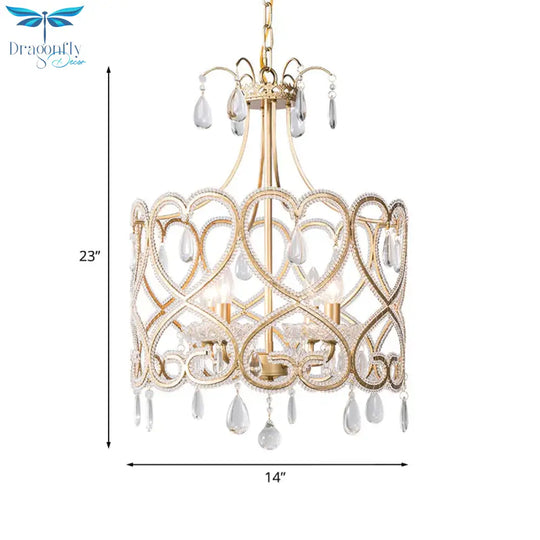 Silver 4 Lights Chandelier Antique Crystal Beaded Drum Hanging Lamp With Swirl Pattern