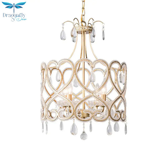 Silver 4 Lights Chandelier Antique Crystal Beaded Drum Hanging Lamp With Swirl Pattern