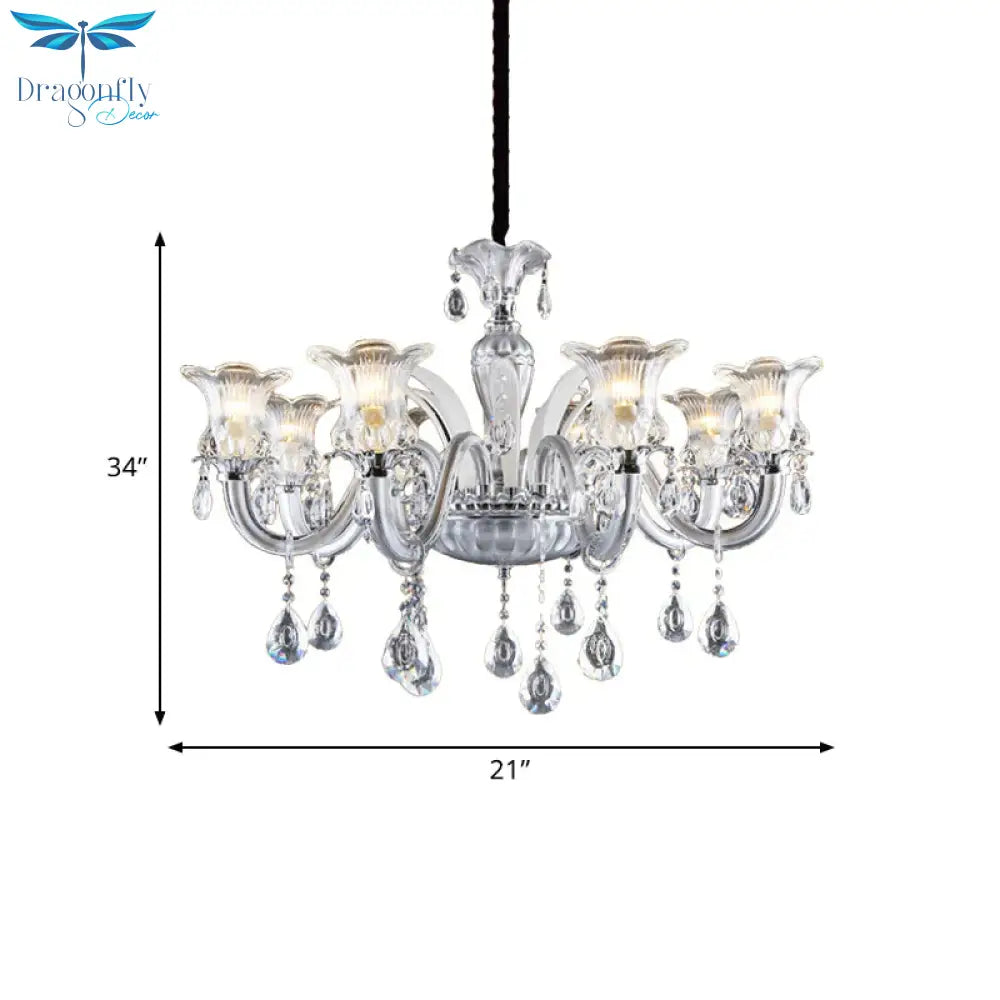 Silver 6/8 Lights Chandelier Light Traditional Clear Ribbed Glass Flower Pendant Lamp With Crystal