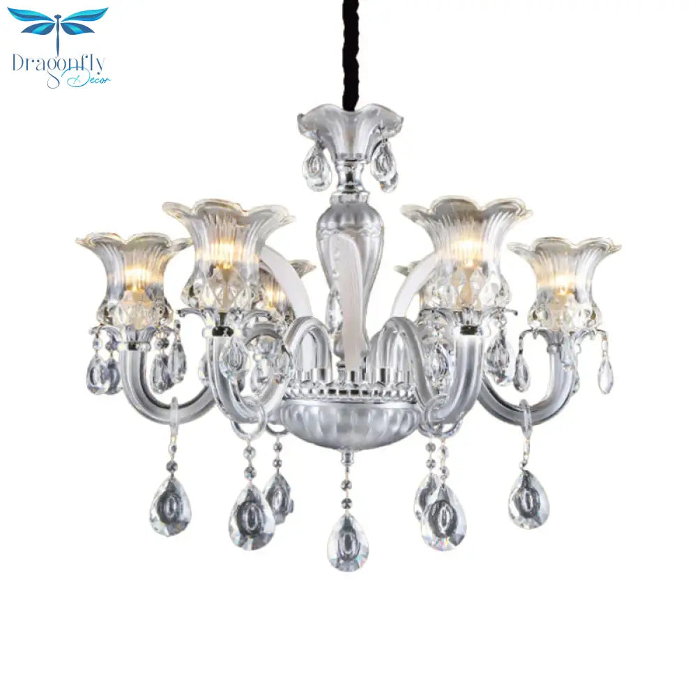 Silver 6/8 Lights Chandelier Light Traditional Clear Ribbed Glass Flower Pendant Lamp With Crystal