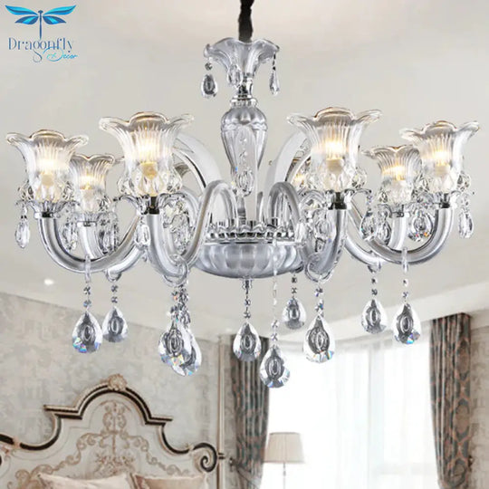 Silver 6/8 Lights Chandelier Light Traditional Clear Ribbed Glass Flower Pendant Lamp With Crystal