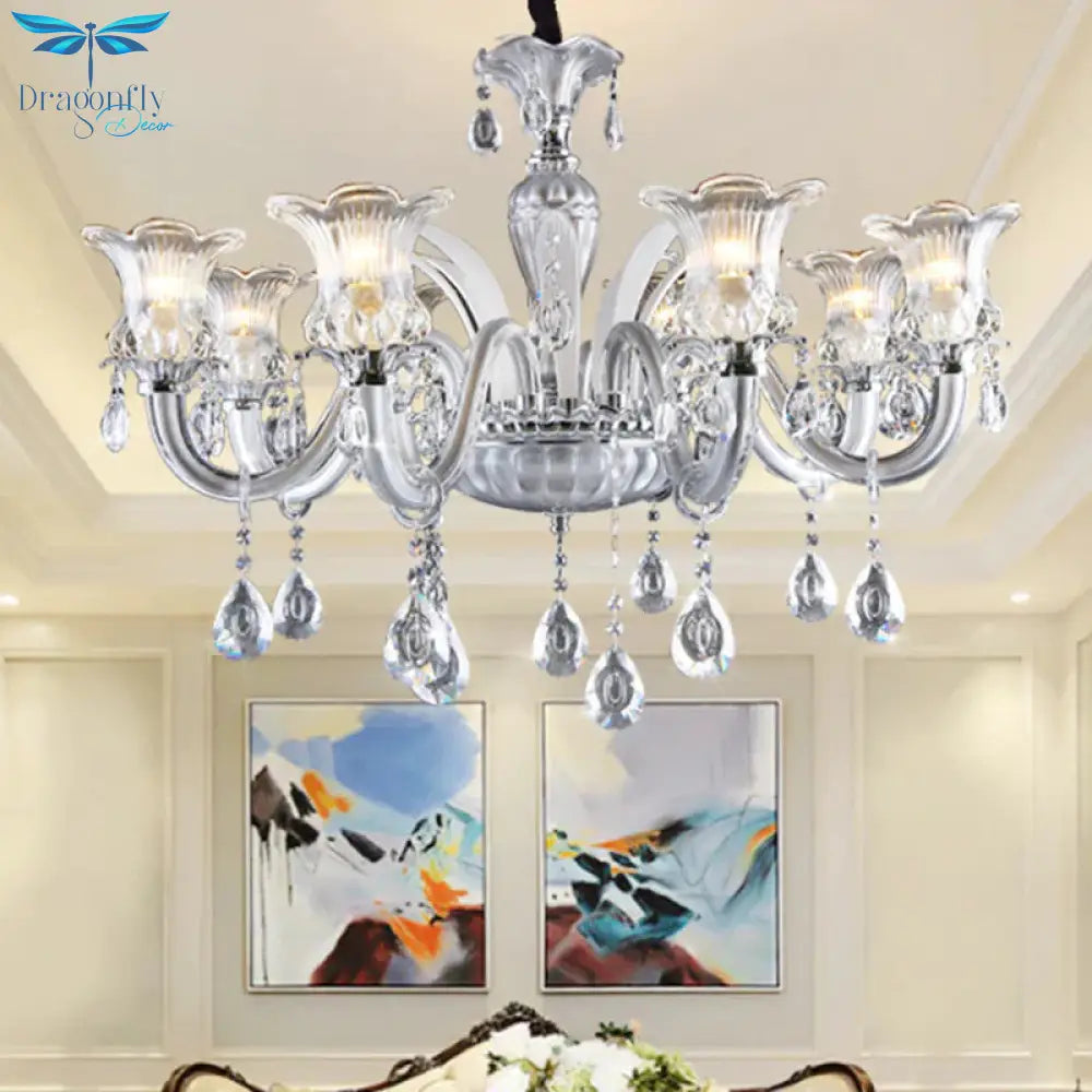 Silver 6/8 Lights Chandelier Light Traditional Clear Ribbed Glass Flower Pendant Lamp With Crystal