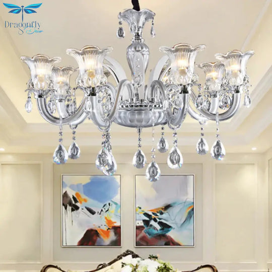 Silver 6/8 Lights Chandelier Light Traditional Clear Ribbed Glass Flower Pendant Lamp With Crystal