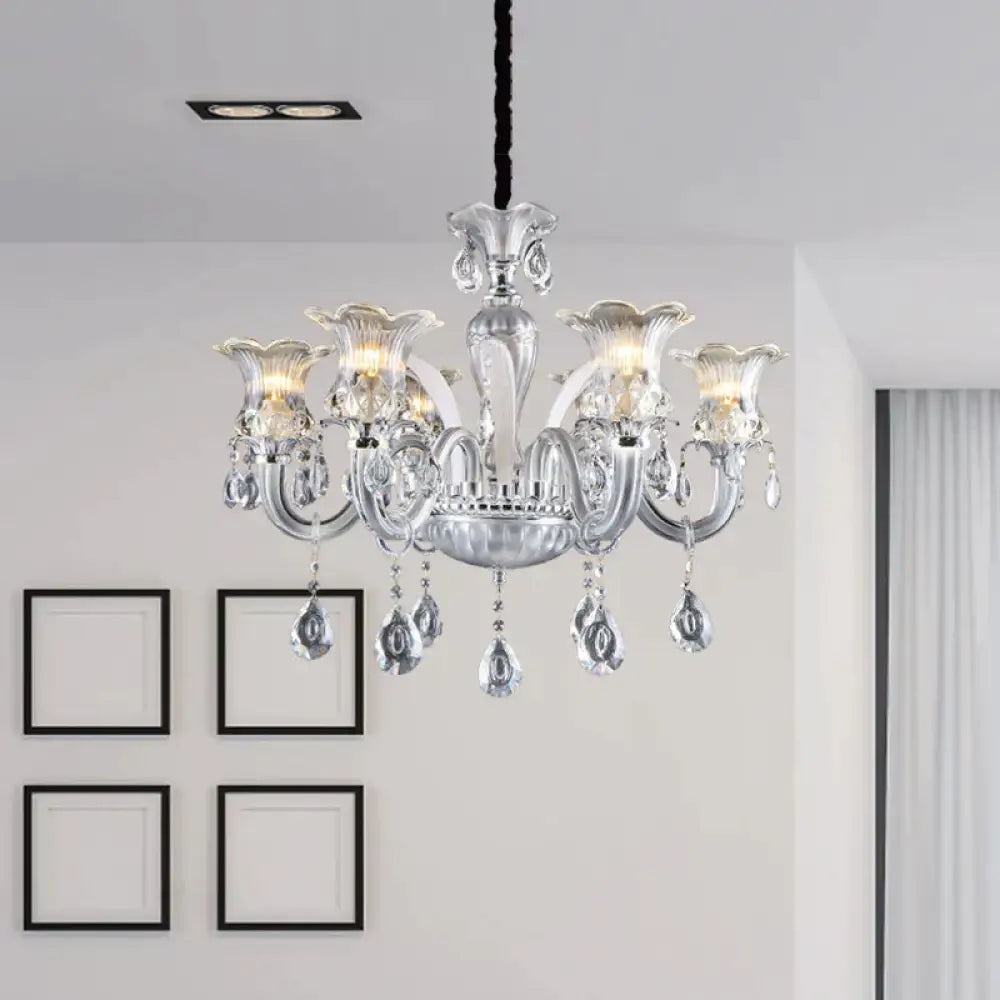 Silver 6/8 Lights Chandelier Light Traditional Clear Ribbed Glass Flower Pendant Lamp With Crystal
