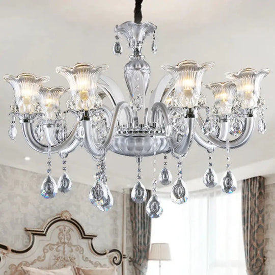 Silver 6/8 Lights Chandelier Light Traditional Clear Ribbed Glass Flower Pendant Lamp With Crystal