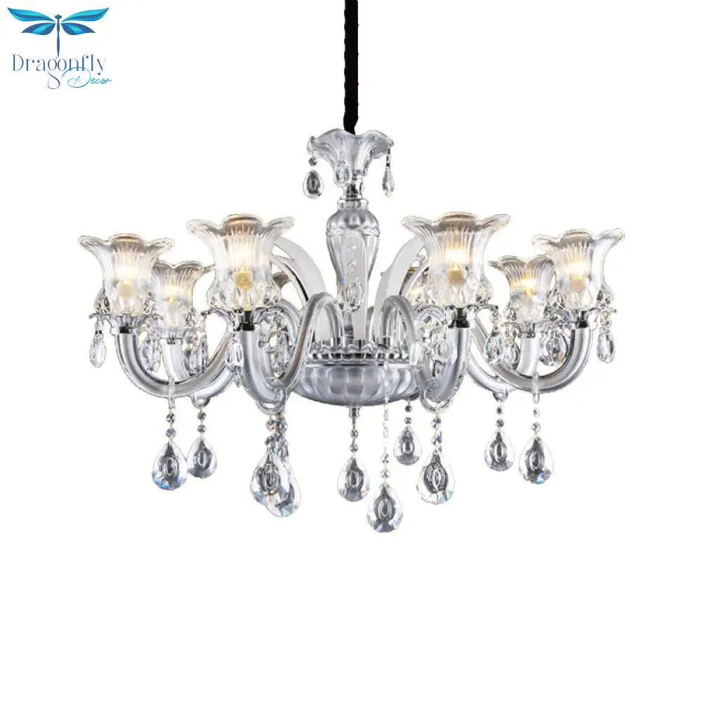 Silver 6/8 Lights Chandelier Light Traditional Clear Ribbed Glass Flower Pendant Lamp With Crystal