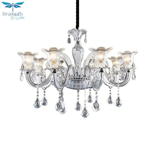 Silver 6/8 Lights Chandelier Light Traditional Clear Ribbed Glass Flower Pendant Lamp With Crystal
