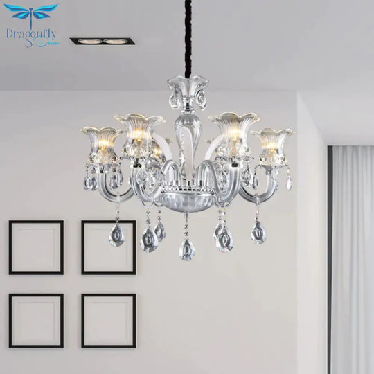 Silver 6/8 Lights Chandelier Light Traditional Clear Ribbed Glass Flower Pendant Lamp With Crystal