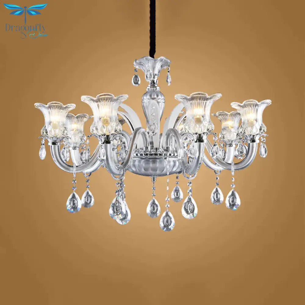 Silver 6/8 Lights Chandelier Light Traditional Clear Ribbed Glass Flower Pendant Lamp With Crystal