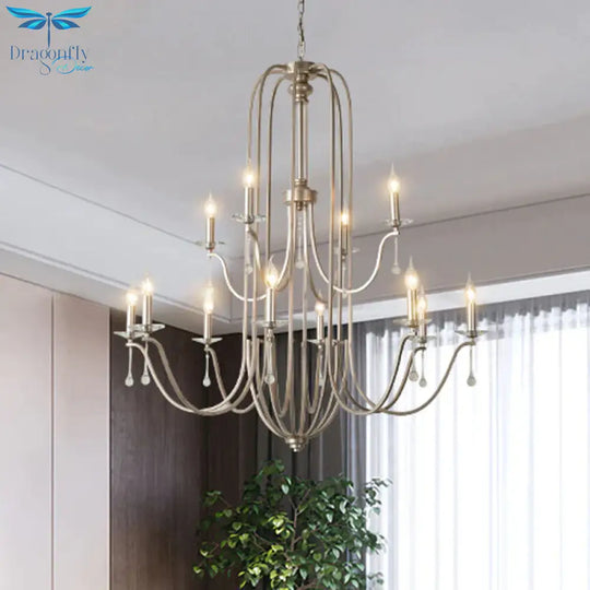 Silver 9/12 Lights Chandelier Lamp Rustic Crystal Layered Suspension Pendant Light For Living Room