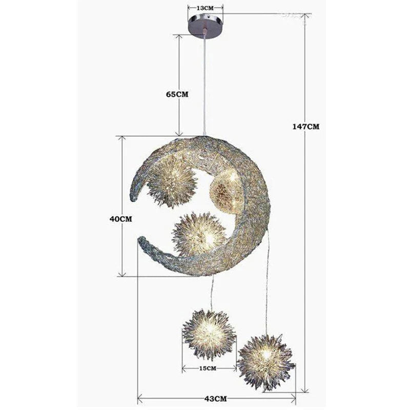 Silver Aluminum Fairy Moon And Star Cord Pendant Lamp For Girl Bedroom Decoration Hanging