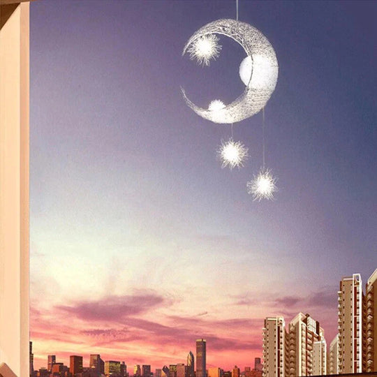 Silver Aluminum Fairy Moon And Star Cord Pendant Lamp For Girl Bedroom Decoration Hanging
