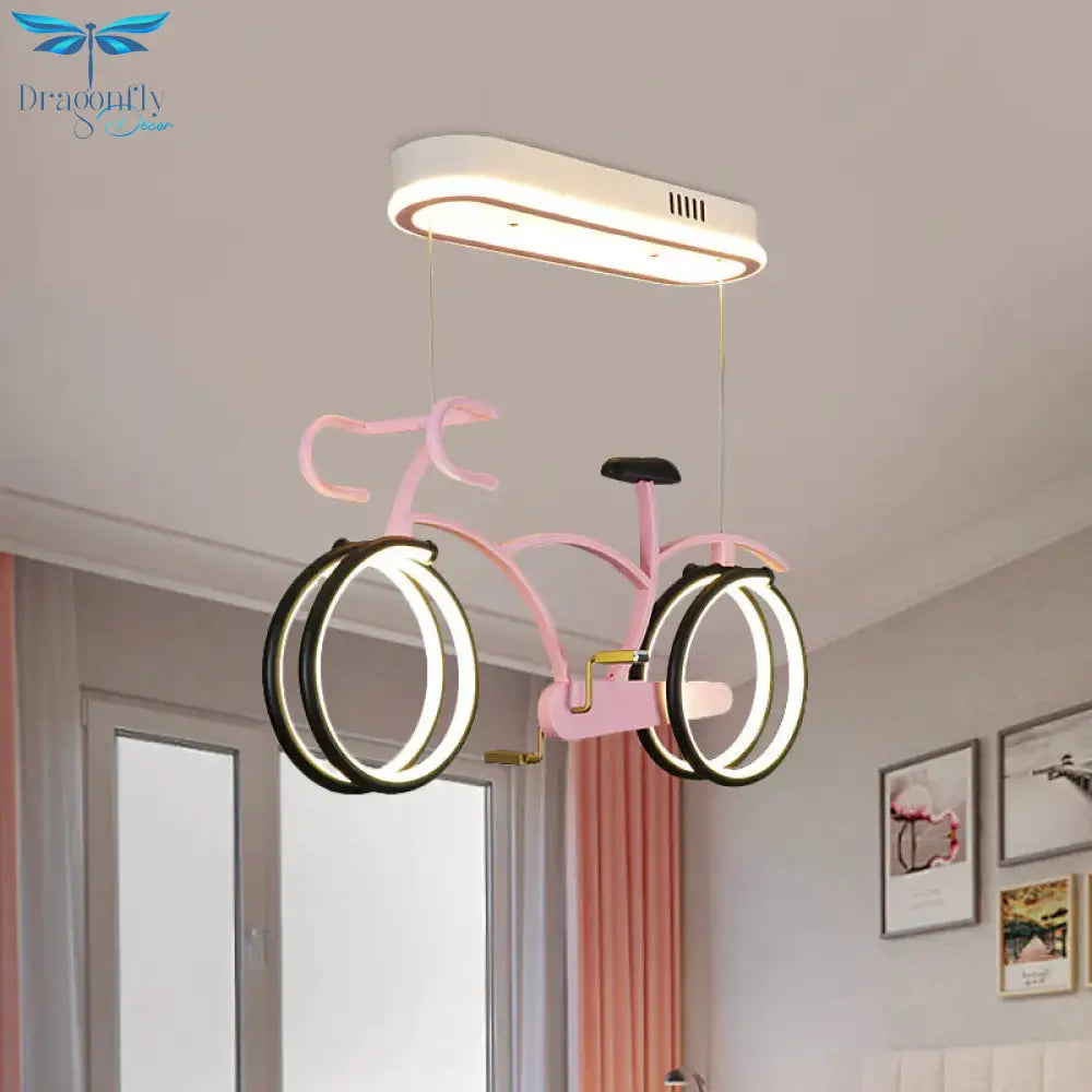 Silver/Pink/Blue Bike Chandelier Light Cartoon Led Metallic Hanging Lighting For Kids Bedroom