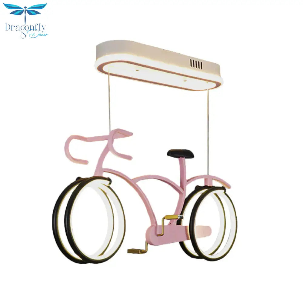 Silver/Pink/Blue Bike Chandelier Light Cartoon Led Metallic Hanging Lighting For Kids Bedroom