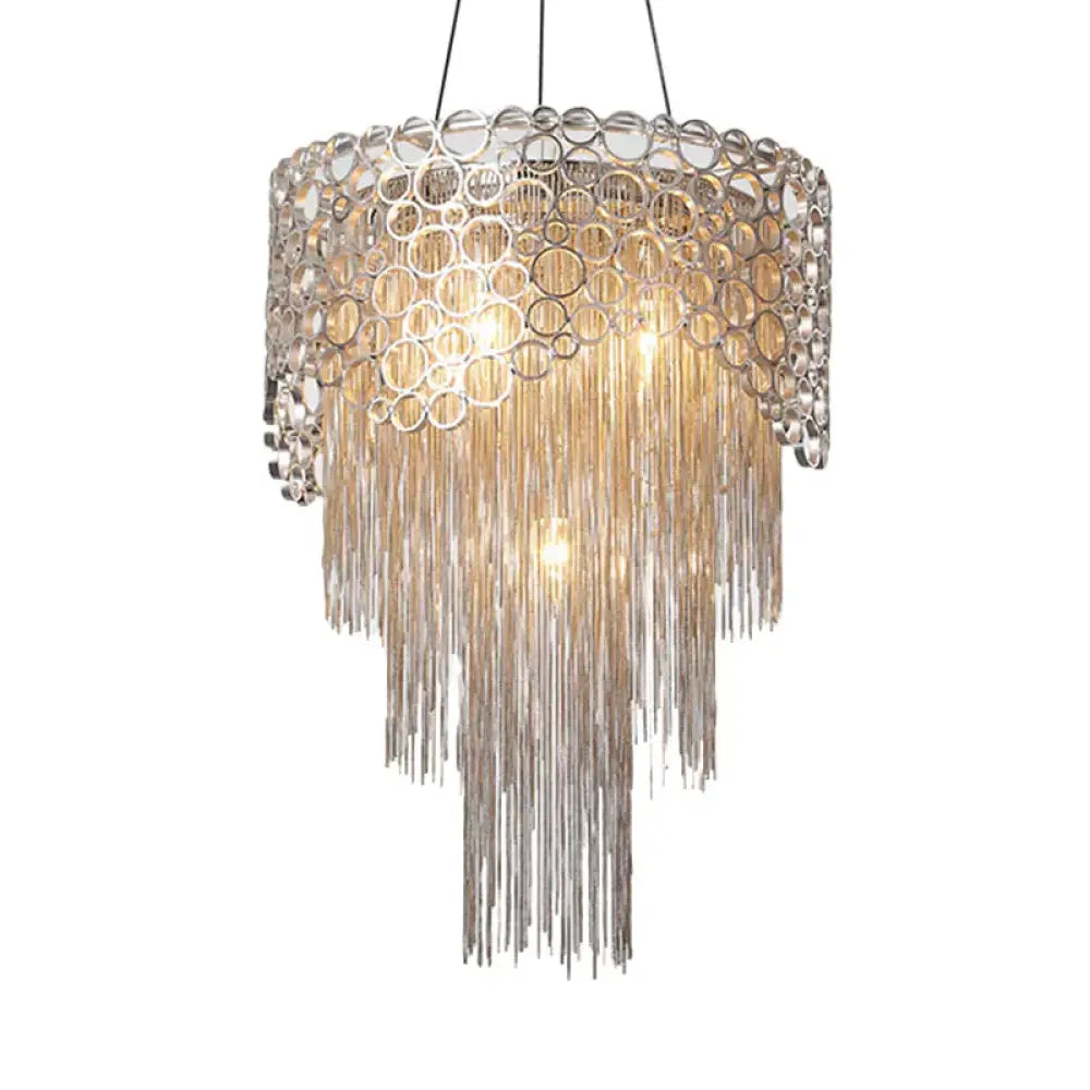 Silver Tiered Chandelier Lighting Fixture Lodge Metal 6 Lights Living Room Pendant Lamp