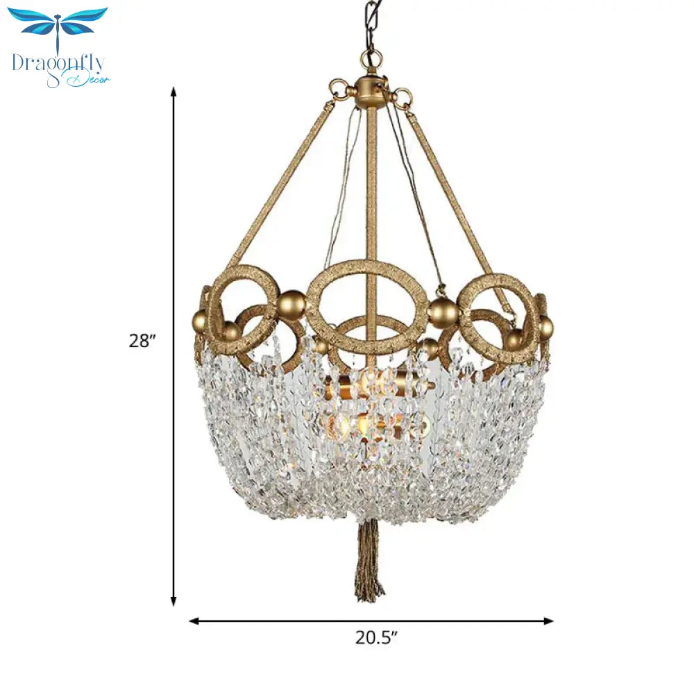 Simple Basket Chandelier Light Fixture 4 Lights Crystal Pendant Lighting In Gold For Living Room