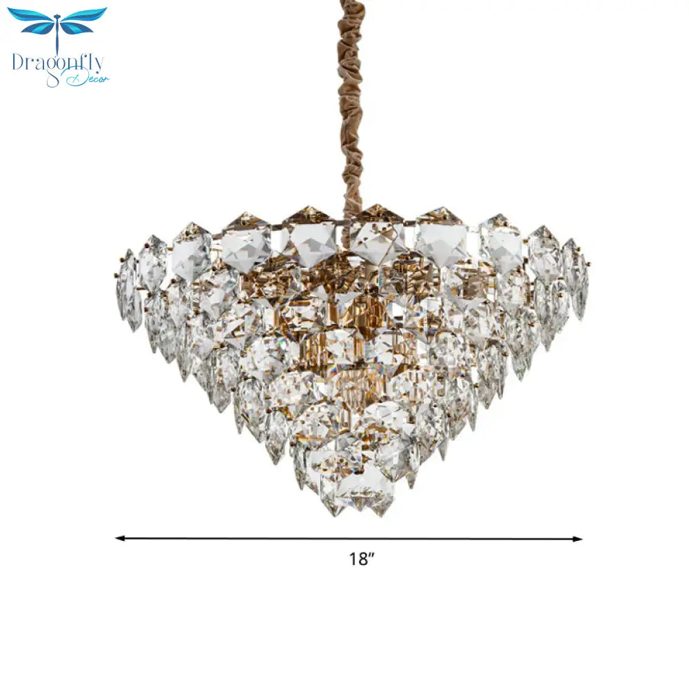 Simple Tapered Hexagon Crystal Hanging Lamp 8 Lights Chandelier Light Fixture In Gold